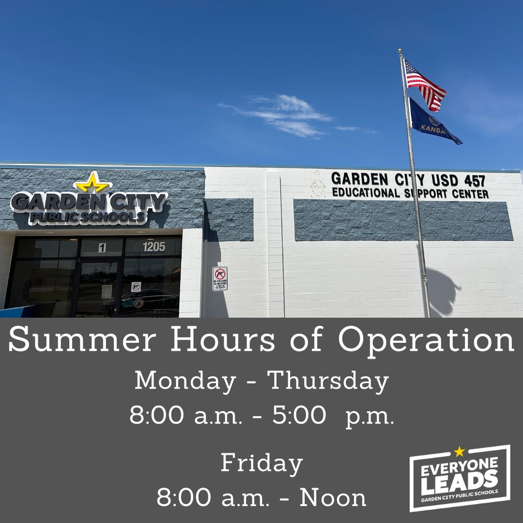 USD457's tweet photo. The Garden City Public Schools Educational Support Center will be changing its days of operation during the summer. The center will be closed on Friday afternoons during the summer starting the week of June 1st going to July 17, 2026. https://t.co/5ghzhdJAda https://t.co/L4PUUpOGYg