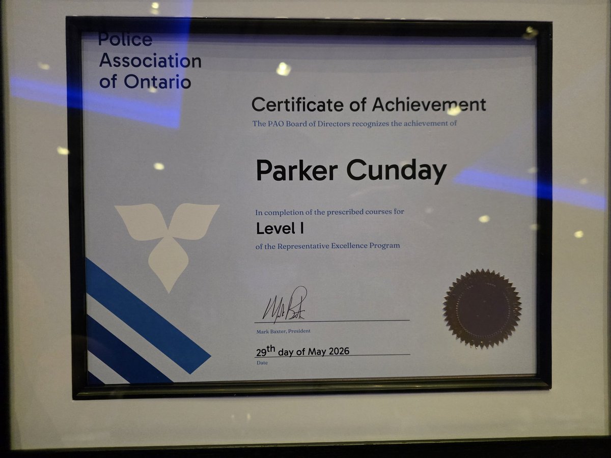 Lindsay_PA's tweet photo. Congratulations to Parker Cunday, our Civilian Representative, on being recognized at #PAO2026 for completing Level 1 of the @PoliceAssocON Representative Excellence Program. Investing in strong member representation starts with strong training. 👏 https://t.co/m3phGcf6Kt