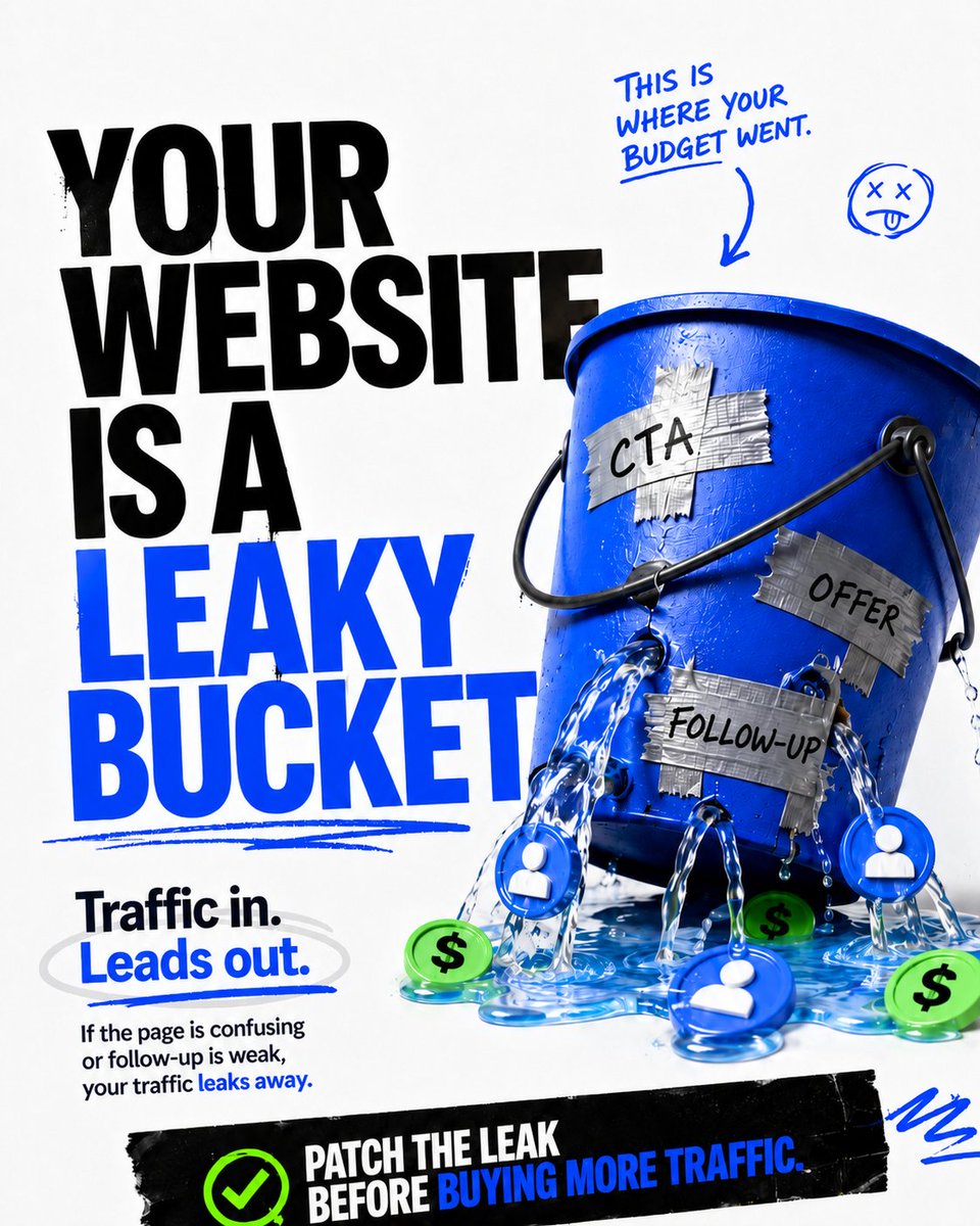 automationlinks's tweet photo. Buying more traffic for a broken website is like pouring water into a bucket with holes in it.

Very motivational.

Also very expensive.

If people visit your site and leave without clicking, calling, booking, or filling out a form, your traffic is leaking.

Before you spend more on ads, fix the obvious holes.

3 places to check:
1. Is the offer clear in 5 seconds?
2. Is there one obvious next step?
3. Is every lead tracked after they click?

Patch the leak before buying more traffic.