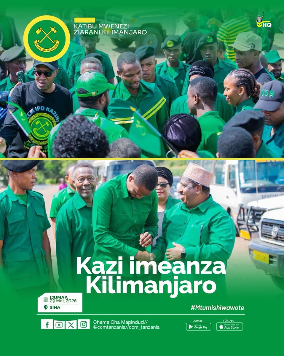 ccm_tanzania's tweet photo. MAPOKEZI YA KATIBU MWENEZI WA CCM NDUGU KENANI L KIHONGOSI MKOANI KILIMANJARO

Mapokezi ya kihistoria na yenye hamasa kubwa yaliyotokea Leo  tarehe 29 Mei 2026 Mkoa wa Kilimanjaro kwa Katibu wa Halmashauri Kuu ya Taifa (NEC), Itikadi, Uenezi na Mafunzo wa Chama Cha Mapinduzi (CCM), Ndugu Kenani Laban Kihongosi, aliyewasili rasmi kwa ajili ya kuanza ziara yake ya kikazi mkoani humo.

Wanachama wa CCM, viongozi wa chama na serikali pamoja na wananchi kutoka maeneo mbalimbali ya Mkoa wa Kilimanjaro wamejitokeza kwa wingi kumpokea kiongozi huyo, jambo lililoonesha mshikamano, uhai wa chama na imani kubwa ya wananchi kwa CCM na uongozi wake.

Ziara hiyo inalenga kuimarisha utekelezaji wa Ilani ya CCM, kukagua shughuli za chama, kuzungumza na wanachama pamoja na kuendelea kuhamasisha uwajibikaji, uzalendo na maendeleo kwa wananchi.

CCM inaendelea kusonga mbele kwa nguvu, umoja na mshikamano chini ya viongozi wake madhubuti.

#KaziNaUtuTunasongaMbele
#ZiaraYaKazi
#mtumishiwawote
