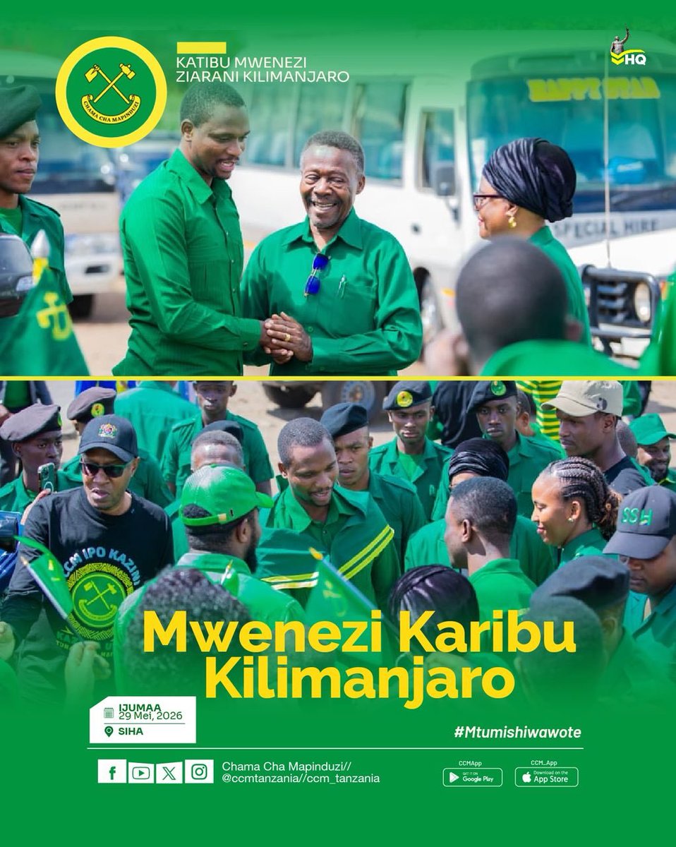 ccm_tanzania's tweet photo. MAPOKEZI YA KATIBU MWENEZI WA CCM NDUGU KENANI L KIHONGOSI MKOANI KILIMANJARO

Mapokezi ya kihistoria na yenye hamasa kubwa yaliyotokea Leo  tarehe 29 Mei 2026 Mkoa wa Kilimanjaro kwa Katibu wa Halmashauri Kuu ya Taifa (NEC), Itikadi, Uenezi na Mafunzo wa Chama Cha Mapinduzi (CCM), Ndugu Kenani Laban Kihongosi, aliyewasili rasmi kwa ajili ya kuanza ziara yake ya kikazi mkoani humo.

Wanachama wa CCM, viongozi wa chama na serikali pamoja na wananchi kutoka maeneo mbalimbali ya Mkoa wa Kilimanjaro wamejitokeza kwa wingi kumpokea kiongozi huyo, jambo lililoonesha mshikamano, uhai wa chama na imani kubwa ya wananchi kwa CCM na uongozi wake.

Ziara hiyo inalenga kuimarisha utekelezaji wa Ilani ya CCM, kukagua shughuli za chama, kuzungumza na wanachama pamoja na kuendelea kuhamasisha uwajibikaji, uzalendo na maendeleo kwa wananchi.

CCM inaendelea kusonga mbele kwa nguvu, umoja na mshikamano chini ya viongozi wake madhubuti.

#KaziNaUtuTunasongaMbele
#ZiaraYaKazi
#mtumishiwawote