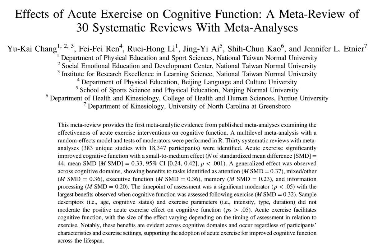 BrandonLuuMD's tweet photo. The brain does its best work right after movement.

Across hundreds of studies, even one bout of exercise sharpened attention, memory, processing speed, and executive function.

The boost is strongest after exercise, not during it. https://t.co/Ac8iRolGpC
