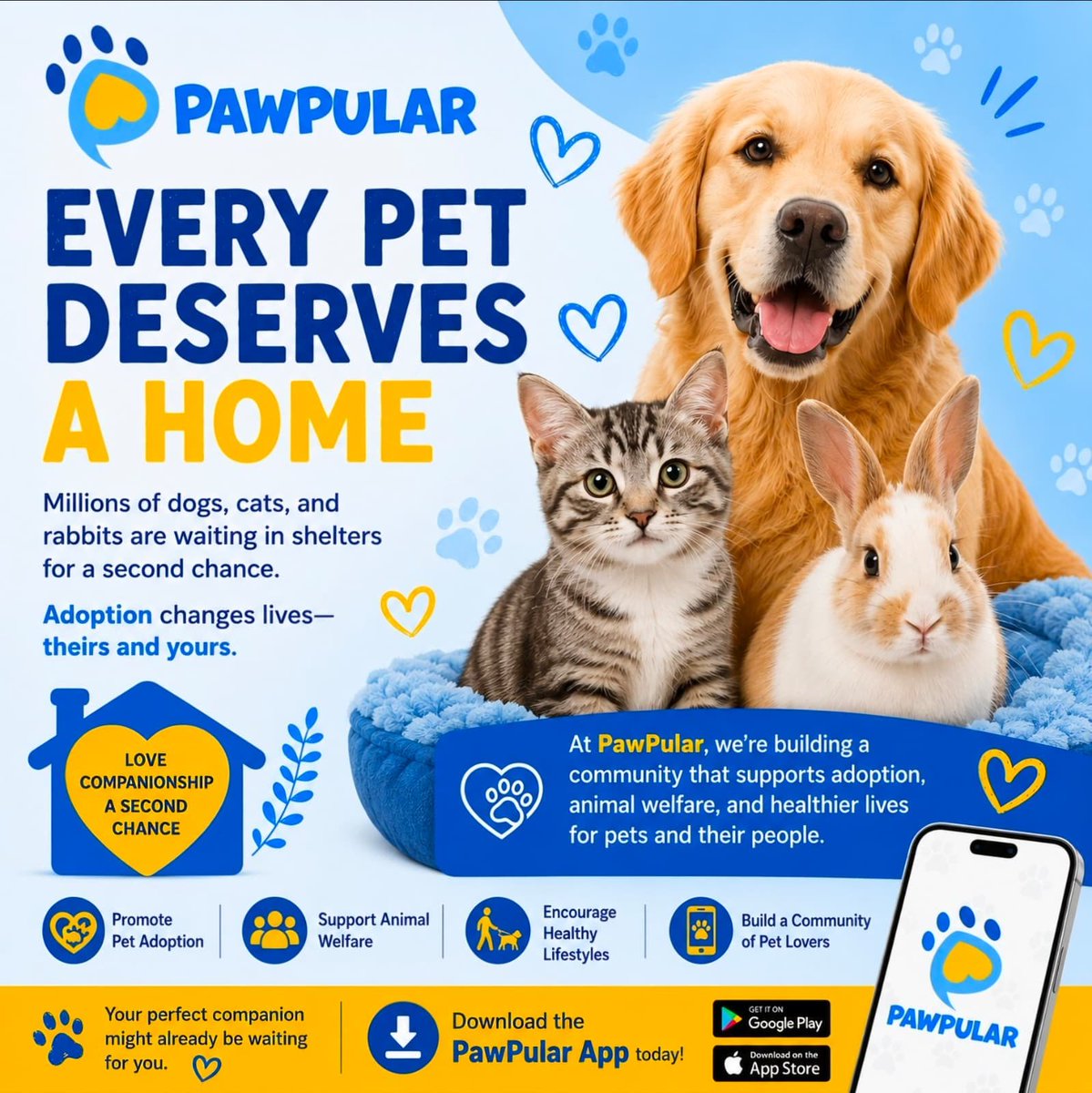 PawpularApp's tweet photo. 🐾Every Pet Deserves a Home 🏡❤️

Every year, millions of pets enter shelters and rescue organizations hoping for one thing—a loving family to call their own.

🐾Choosing adoption gives an animal a second chance at life. It means providing safety, companionship, and the opportunity to experience the love every pet deserves. Many adopted pets become some of the most loyal and grateful companions you'll ever meet.

At PawPular, we believe technology and community can help create a better future for animals. That's why we're working to promote animal welfare, support adoption initiatives, and build tools that help connect people with pets while encouraging healthier lifestyles for both.

If you're considering adding a furry family member, remember: your perfect companion may already be waiting for you at a local shelter or rescue.

📲 Download the PawPular App today and join a growing community of pet lovers making a positive impact for animals around the world.

#PetAdoption #AdoptDontShop #PawPular #AnimalWelfare #PetRescue