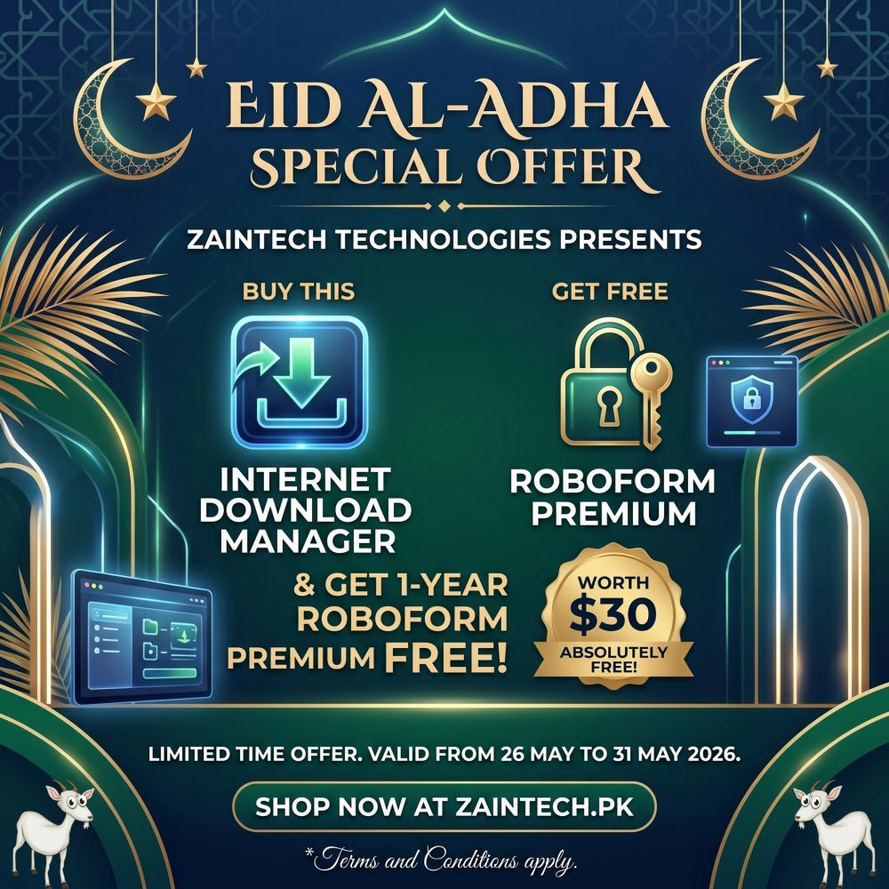 zaintech's tweet photo. 🌙 Eid al-Adha Exclusive Bundle!

Buy Internet Download Manager from Zaintech Technologies (May 26-31) and get a 1-year RoboForm Premium ($30 value) absolutely FREE! Fast downloads and secure passwords in one perfect gift.

🌐 https://t.co/LNO5J2p0aQ

#IDM #RoboForm #EidOffer https://t.co/ny3ylYJUYI