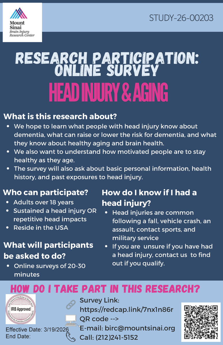 SinaiTBI's tweet photo. Had a head injury or repeated head impacts?
Mount Sinai is conducting a 20–30 min online survey on knowledge of brain health, aging, and dementia.

Eligibility: Adults 18+, U.S. residents, diagnosed or suspected head injury. https://t.co/72aeBYnt65