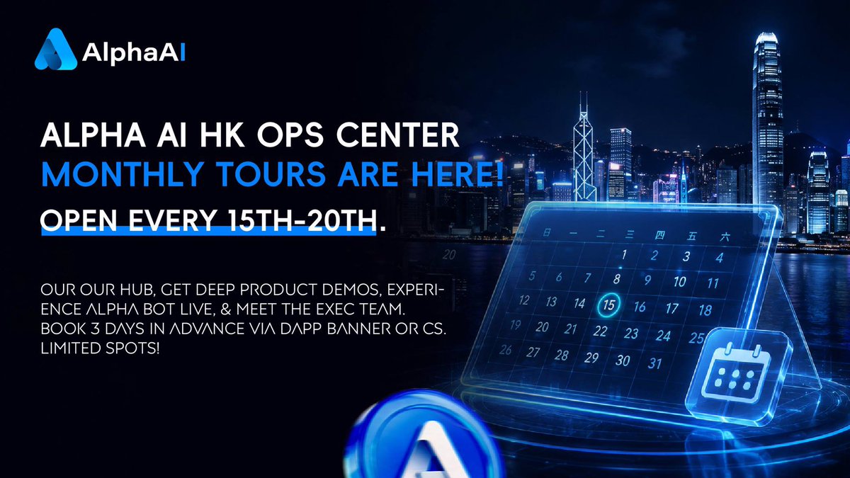 AlphaAI_Labs's tweet photo. 🏢 Alpha AI Hong Kong Operations Center Open Days are now open monthly from the 15th–20th. Explore our operations, experience Alpha Bot AI quantitative trading, and meet executives to discuss cooperation opportunities. 

📅 Reserve 3 days in advance via DApp Banner or support. https://t.co/3QI1ZUqkXI