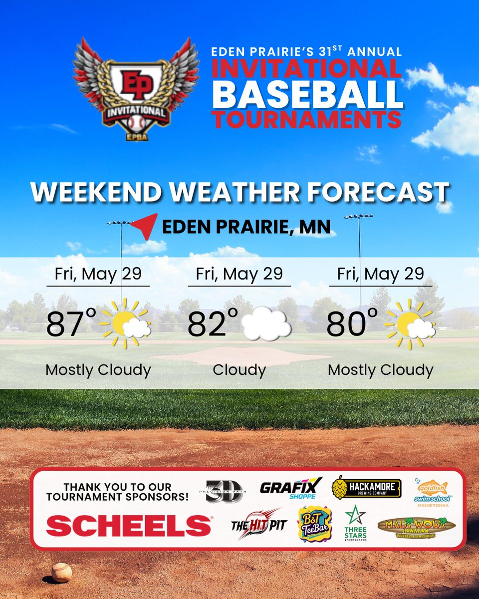 BaseballEP's tweet photo. ☀️⚾️ Another beautiful tournament weekend ahead in Eden Prairie!

Hot temps, great baseball, and a whole lot of memories waiting to be made. Good luck to all the teams hitting the fields this weekend — let’s play ball! ❤️🖤🔥 https://t.co/Eb43NCbaj2