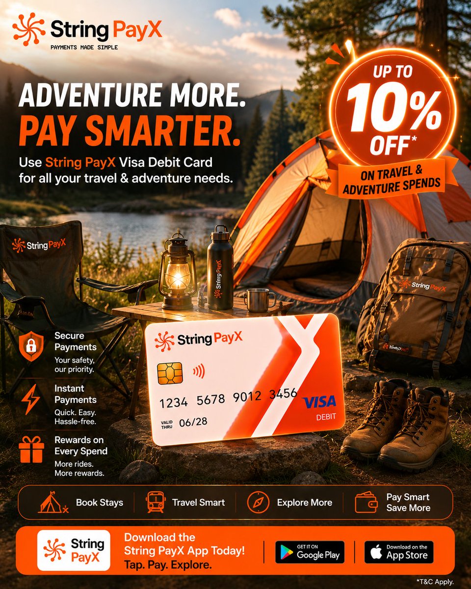stringpayx's tweet photo. 🌄 Adventure awaits

Pay with String PayX 💳
✨ Get up to 10% off
Explore more. Save every trip 💸

👉 https://t.co/72qd4x8Thx

#StringPayX #Camping #Adventure #TravelSmart #OutdoorLife #Cashback #TravelGear #SmartSpending #Fintech #Rewards #SaveMore #EarnMore https://t.co/nnsTNLN6LN