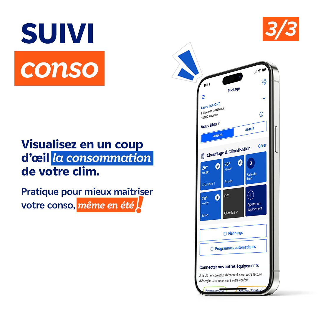 EDFetMoi's tweet photo. Installer une clim réversible pour gagner en confort, c’est bien. Maîtriser sa conso avec un modèle connecté, c’est encore mieux 😌