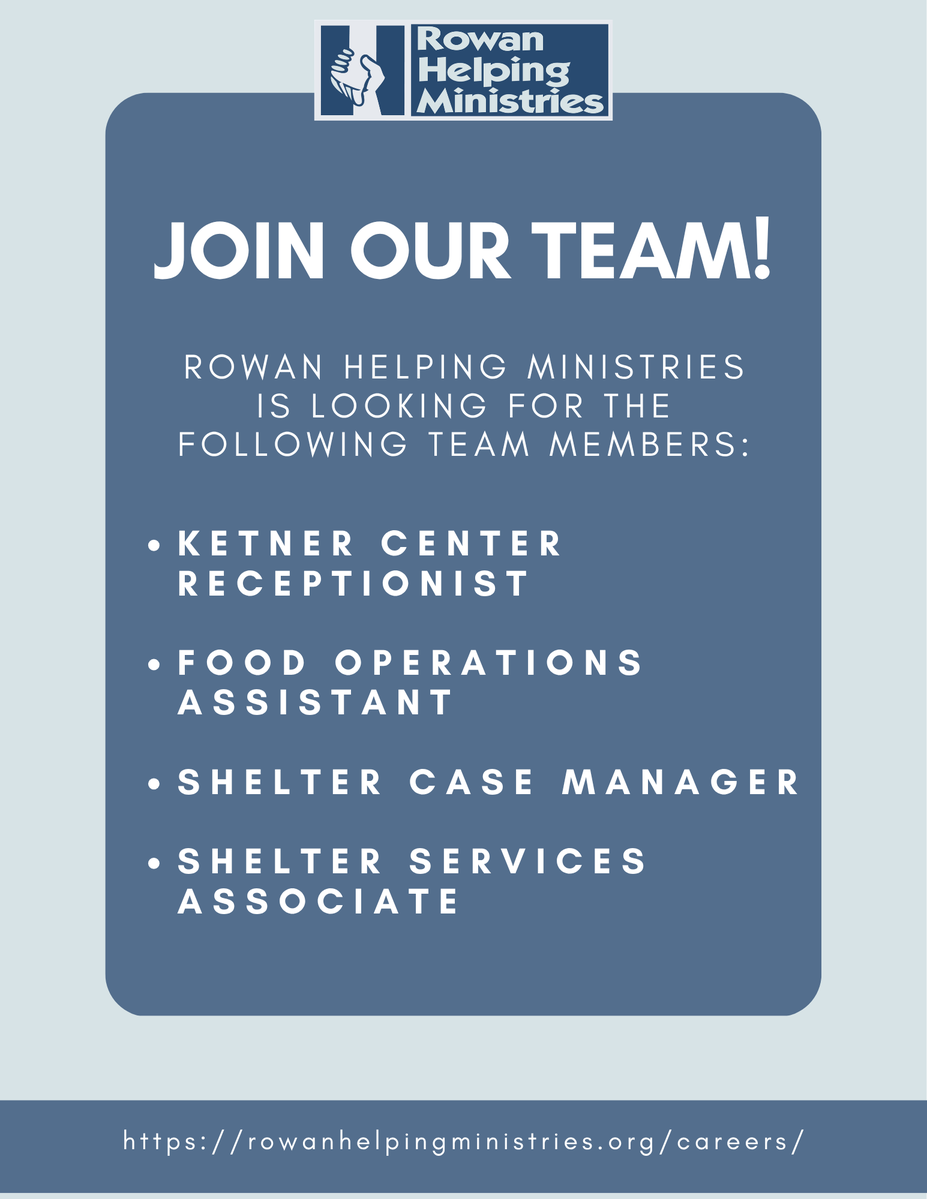 RowanHelpingMin's tweet photo. Join our team at Rowan Helping Ministries! 💙 We’re hiring for multiple positions, including Shelter Case Manager, Shelter Services Associate, Food Operations Assistant, and Ketner Center Receptionist.

Apply today: https://t.co/kZsqwnGtHb https://t.co/fSgTj8NMVl