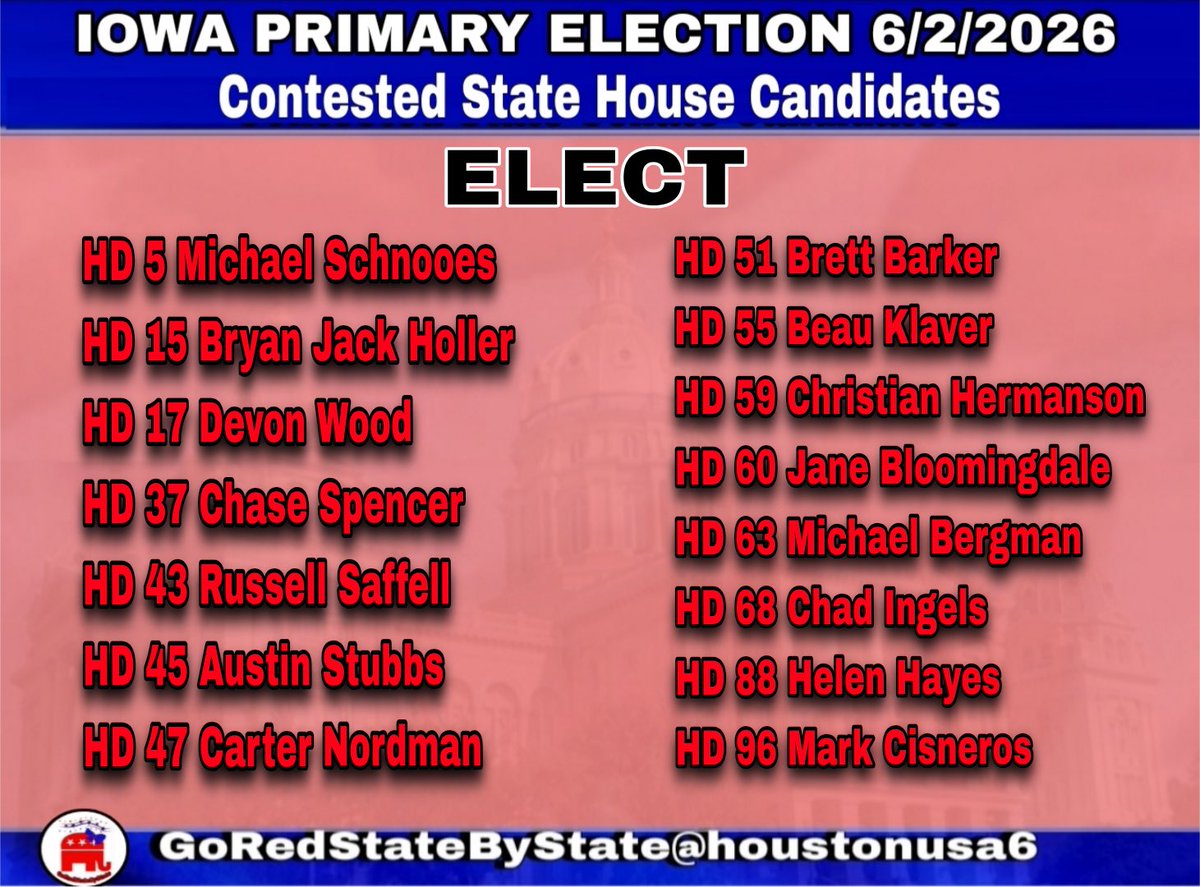 FloridaGirlUSA6's tweet photo. Iowa Primary 6/2/26
Contested State House Candidates
#GoRedStateByState https://t.co/4dmq1P032y