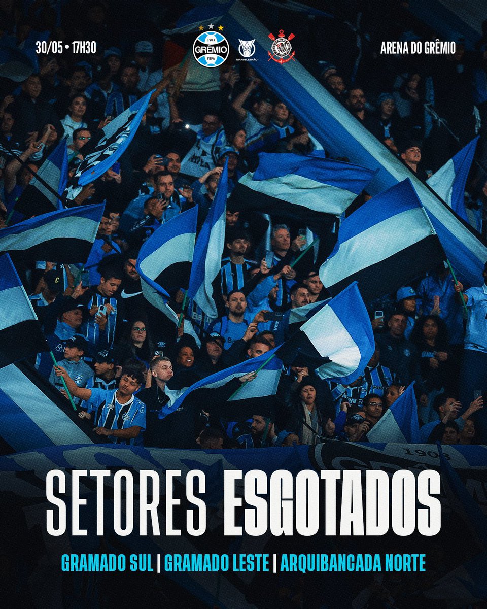 rdimortal's tweet photo. 🇪🇪 INGRESSOS ESGOTADOS EM TRÊS SETORES DA ARENA!

O Grêmio comunicou que não há mais ingressos 🎫 disponíveis para os setores arquibancada norte, gramado sul e gramado leste, para a partida contra o Corinthians, neste sábado, às 17h30.

Será o último jogo oficial do tricolor antes da parada para a Copa do Mundo.

📸: Divulgação Grêmio