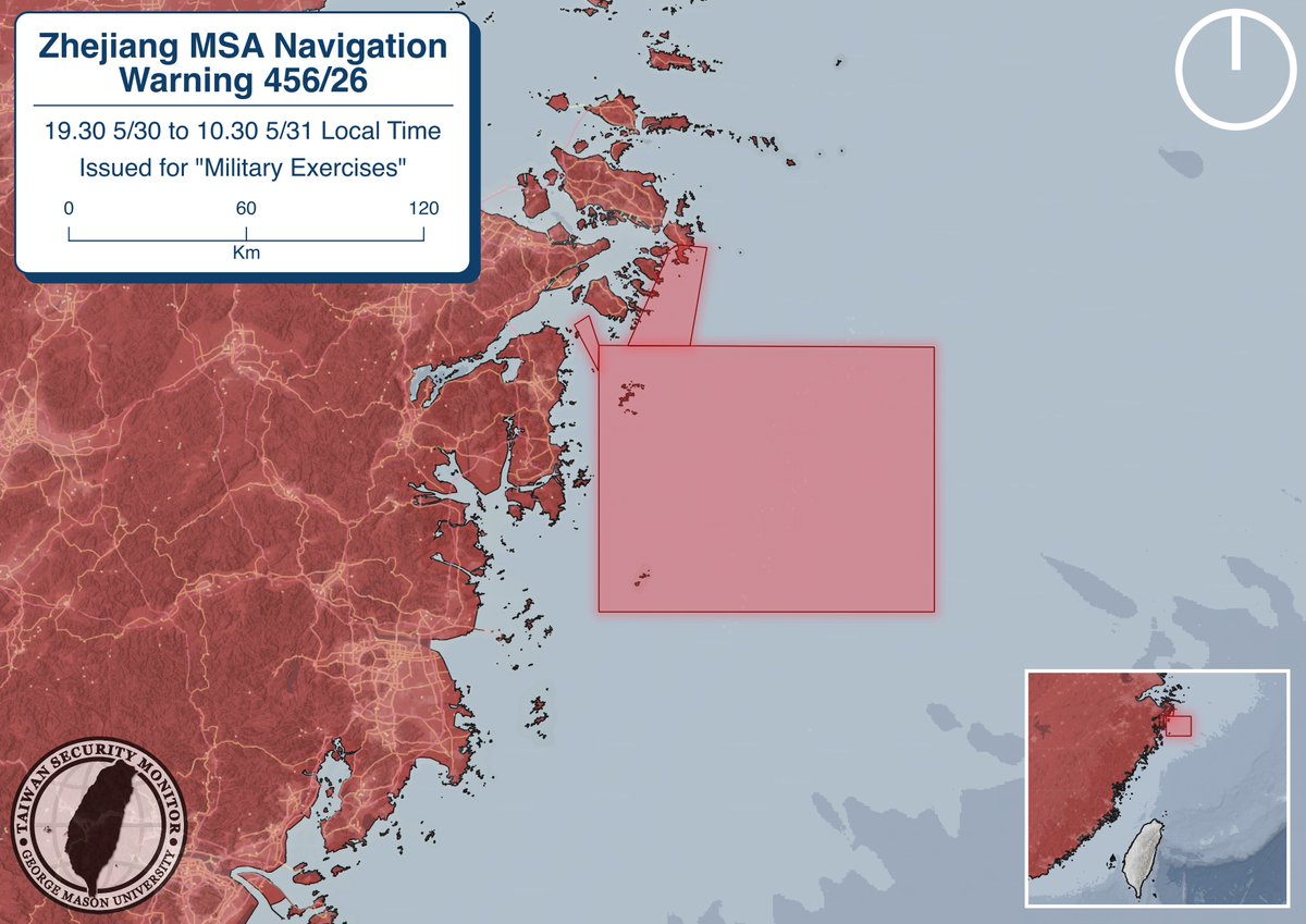 TaiwanMonitor's tweet photo. The PRC's Maritime Safety Administration has issued a navigation warning for military exercises in waters east of Zhoushan, Zhejiang Province.

Entry into the designated area is prohibited from 19:30 on May 30 to 10:30 on May 31 (local time). https://t.co/VChE1NAGtr