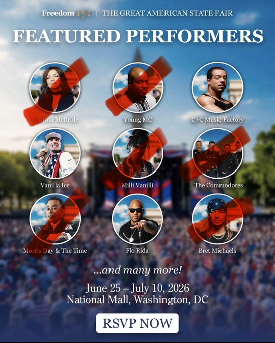 StephensSt26420's tweet photo. I knew Bret wouldn't break my heart like that!
Freedom 250 backed by Trump, announced a list of performers Wednesday, but shortly after, Morris Day and the Time, Young MC, Martina McBride, The Commodores, and Bret Michaels announced that they would not be making appearances. https://t.co/ae2uhpdcgh