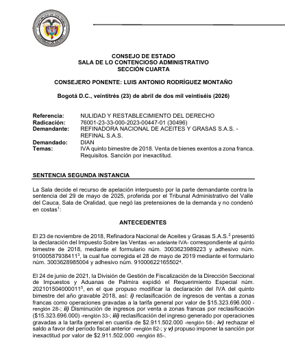 articulo20's tweet photo. SENTENCIA RECOMENDADA 🗣 

#Contencioso #Tributario

El proveedor que vende bienes a zona franca pierde la exención del IVA y afronta la sanción por inexactitud si no demuestra el ingreso real de las mercancías

SENT: 76001-23-33-000-2023-00447-01 (30496) https://t.co/mdLlIwWpXi