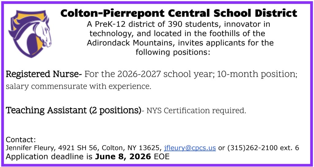 CPCSColts's tweet photo. Join the Colton-Pierrepont family! We're hiring a Registered Nurse &amp; 2 Teaching Assistants. Applications are due by June 8th. https://t.co/Q3mDrEHjR1