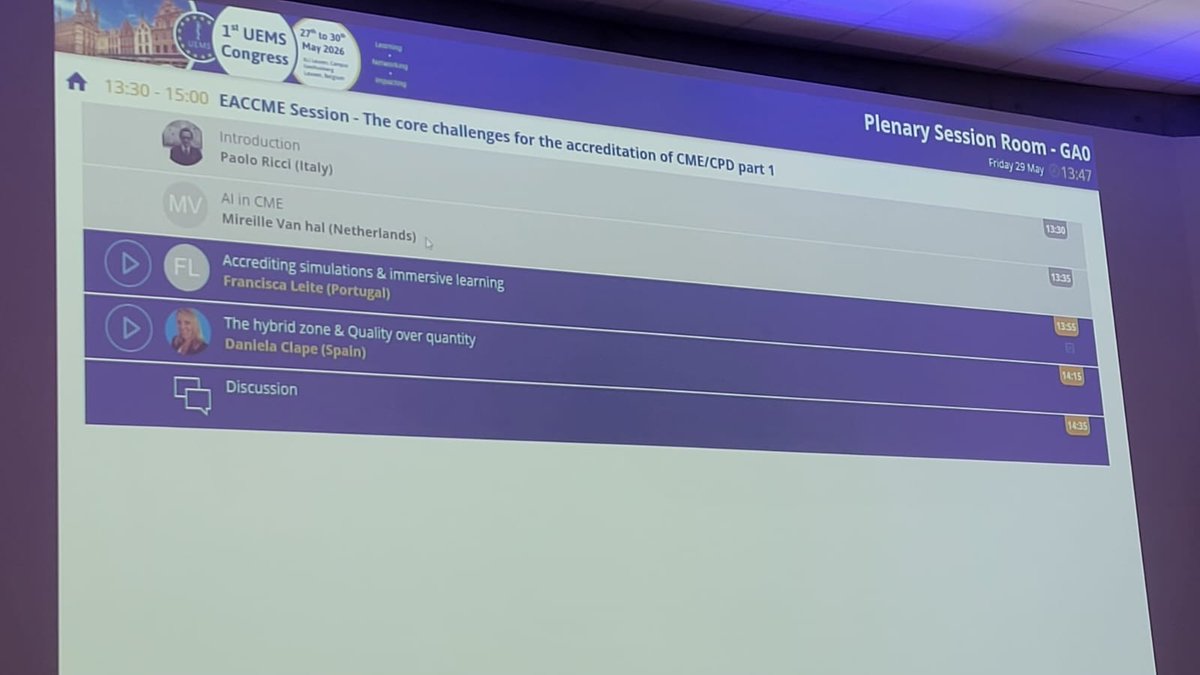 eaccme's tweet photo. 🎓EACCME Session 1: “Core challenges for CME/CPD accreditation (2030–2050)” moderated by Prof. Paolo Ricci.  

🔎Topics include AI in CME, simulation &amp; immersive learning, and quality in hybrid education.  

#UEMS #EACCME #CME #CPD #AIinHealthcare https://t.co/j0p9OkT4at