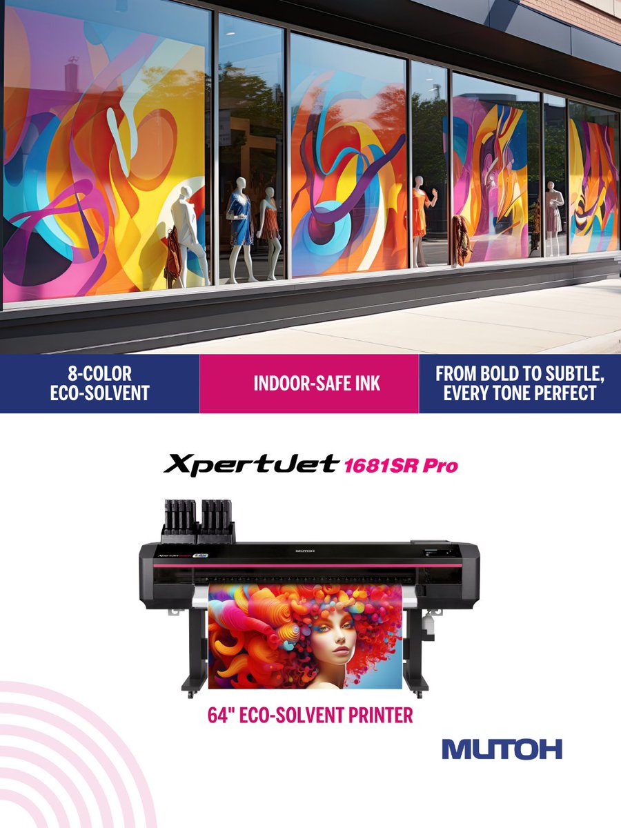 MutohAmerica's tweet photo. The MUTOH XpertJet 1681SR Pro delivers showroom-ready indoor graphics with an expanded 8-color eco-solvent ink set, including orange for spot-on brand color reproduction and smooth gradations even at close viewing distances.

✅ 64" wide-format output 
✅ UL GREENGUARD Gold certified, safe for indoor retail environments 
✅ AccuFine HD Pro printhead, 3,200 nozzles for razor-sharp detail

👉 Click here to learn more and request a demo: https://t.co/DRJ3tzymtk

#MUTOH #WideFormatPrinting #RetailGraphics #SignAndDisplay #PrintShop