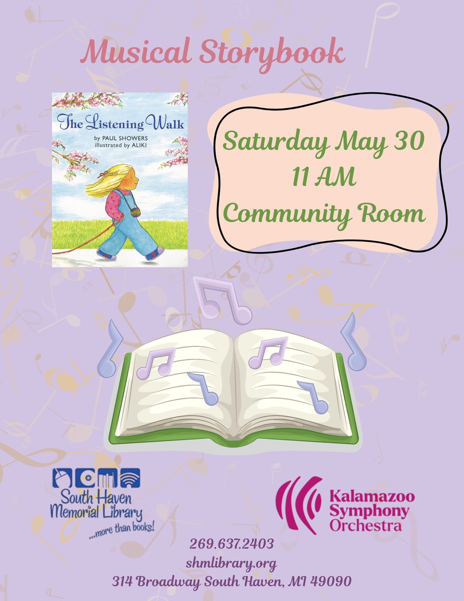 SHMLibrary's tweet photo. Join the FREE fun at your South Haven Memorial Library! Friday, May 29th at 11am, we have Parent Cafes. Saturday, May 30, we have the Kalamazoo Symphony Orchestra at 11am. https://t.co/4g39l3qXvO