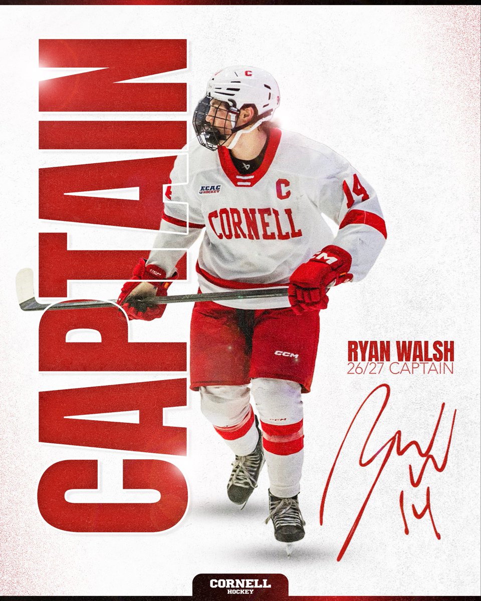 CornellMHockey's tweet photo. Captain once again! Ryan Walsh is named captain for the upcoming 26/27 season 🧑‍✈️
#YellCornell https://t.co/Us7wtcBy4X