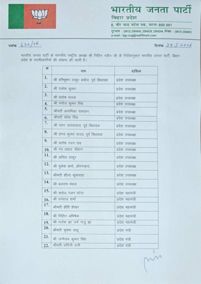 shashankmanibjp's tweet photo. भारतीय जनता पार्टी, बिहार की नवगठित प्रदेश कार्यकारिणी में दायित्व प्राप्त करने वाले सभी पदाधिकारी गणों को हार्दिक बधाई एवं उज्जवल कार्यकाल हेतु अनंत शुभकामनाएं! 

पूर्ण विश्वास है कि आपके समर्पण, संगठनात्मक कौशल और अथक परिश्रम से भाजपा बिहार में नए कीर्तिमान स्थापित करेगी तथा राष्ट्र प्रथम और जनसेवा की भावना को और अधिक मजबूती मिलेगी।

@narendramodi @BJP4India @BJP4UP @BJP4Bihar @NitinNabin