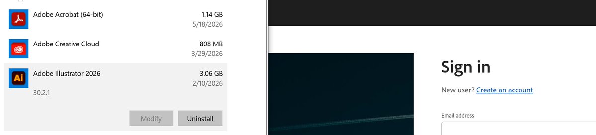 ocornut's tweet photo. Another user-friendly move by Adobe: trying to uninstall Creative Cloud requires me to uninstall Illustrator. Trying to uninstall Illustrator requires me to login (!). Login immediately updated Creative Cloud and reinstalled various crap wrap I disabled. https://t.co/3Mo8WyjNhc