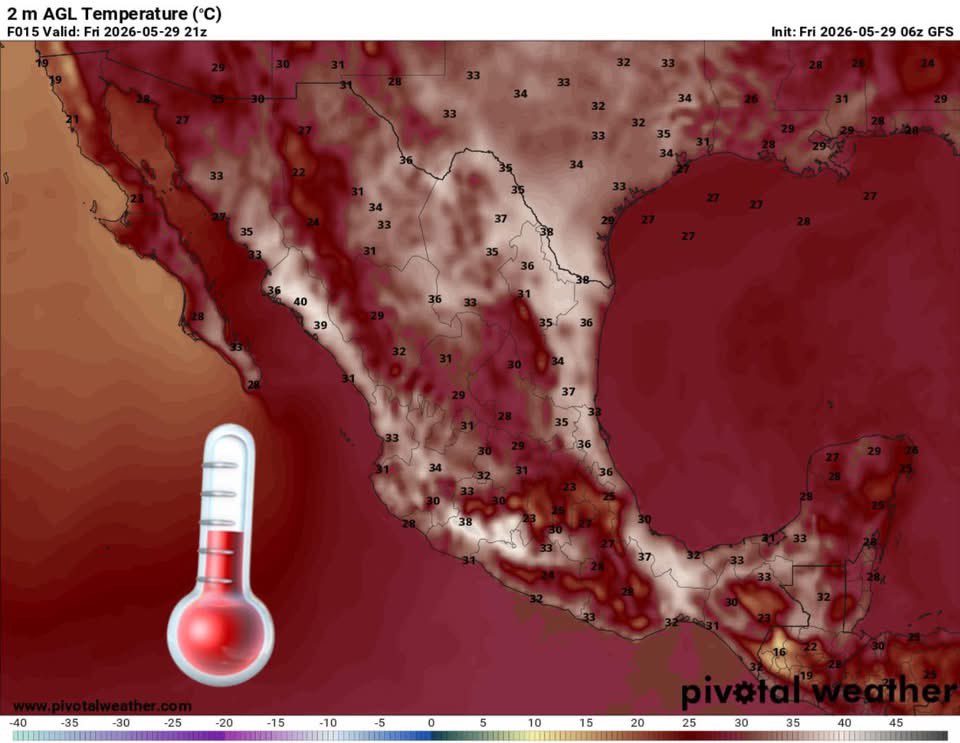 InfoMeteoro's tweet photo. ⚠️PRONÓSTICO VIERNES 29/MAY/2026

“Disminuyen lluvias y aumenta Sol con calor…”

🌡️AMBIENTE DIURNO☀️
🔥41-45ºC Planicies Golfo de México, Península de Yucatán y Pacífico
🥵36-40ºC Pacifico, sureste, oriente, noreste, noroeste
🥵31-35ºC noroeste, occidente, Bajío, norte
😅25-31ºC Altiplano centro

🔴⛈️LLUVIAS/TORMENTAS, GRANIZO
-Camp, Yuc, QRoo

🌦️LLUVIAS AISLADAS (granizo eventual)
-Coah, NL, Tamps, Dgo, Zac, Jal, Mich, Col, EdoMex, CDMX, Mor, Pue, Tlax, Ver, Gro, Oax, Chis

🥶FRÍO NOCTURNO Altiplano centro
-5 a 5ºC Campo abierto y montañas
5-15ºC EdoMex, CDMX, Pue, Hgo, Tlax, Ver

⚠️🌬️RÁFAGAS DE VIENTO km/h
35-60 estados del norte, centro, sureste, siendo probables mayores en zonas de tormenta