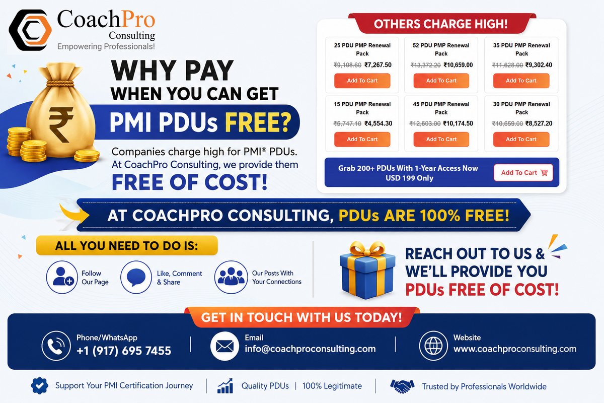 CoachProGlobal's tweet photo. Why Pay Thousands for #PMI #PDUs When You Can Get Them #FREE?

If you are a PMP, #PgMP, #PfMP, PMI-ACP, PMI-RMP, PMI-CPMAI™, or any other PMI-certified professional, you already know that maintaining your certification requires earning #PDUs.

#CoachProConsulting #CoachProGlobal https://t.co/7F5NIroXKY