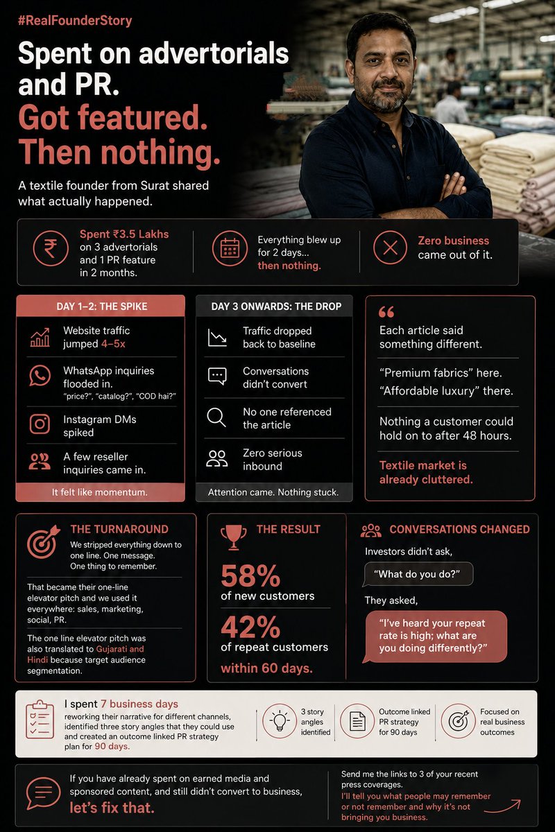 agtanvi's tweet photo. Founder spent ₹3.5L on advertorials and PR in 2 months
Traffic spiked for 2 days → then nothing.
Why? Every article said something different. No brand recall
Read the attached case study to know more 😃 #bangalorestartups  #founder #publicrelations https://t.co/teX3uCB7sr