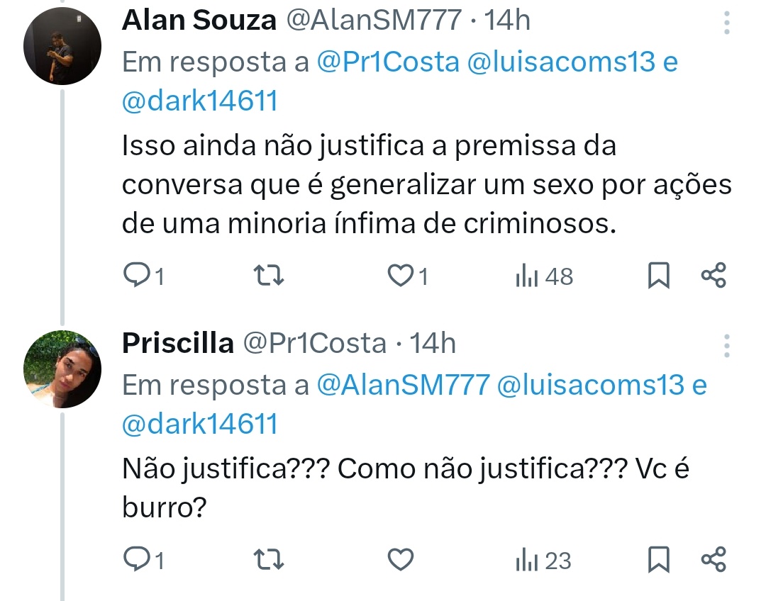 AlanSM777's tweet photo. @Pr1Costa @luisacoms13 @dark14611 Segue um print de você indignada quando eu disse que uma minoria ínfima não justifica generalizações de sexo https://t.co/u8Byj5Sqkp