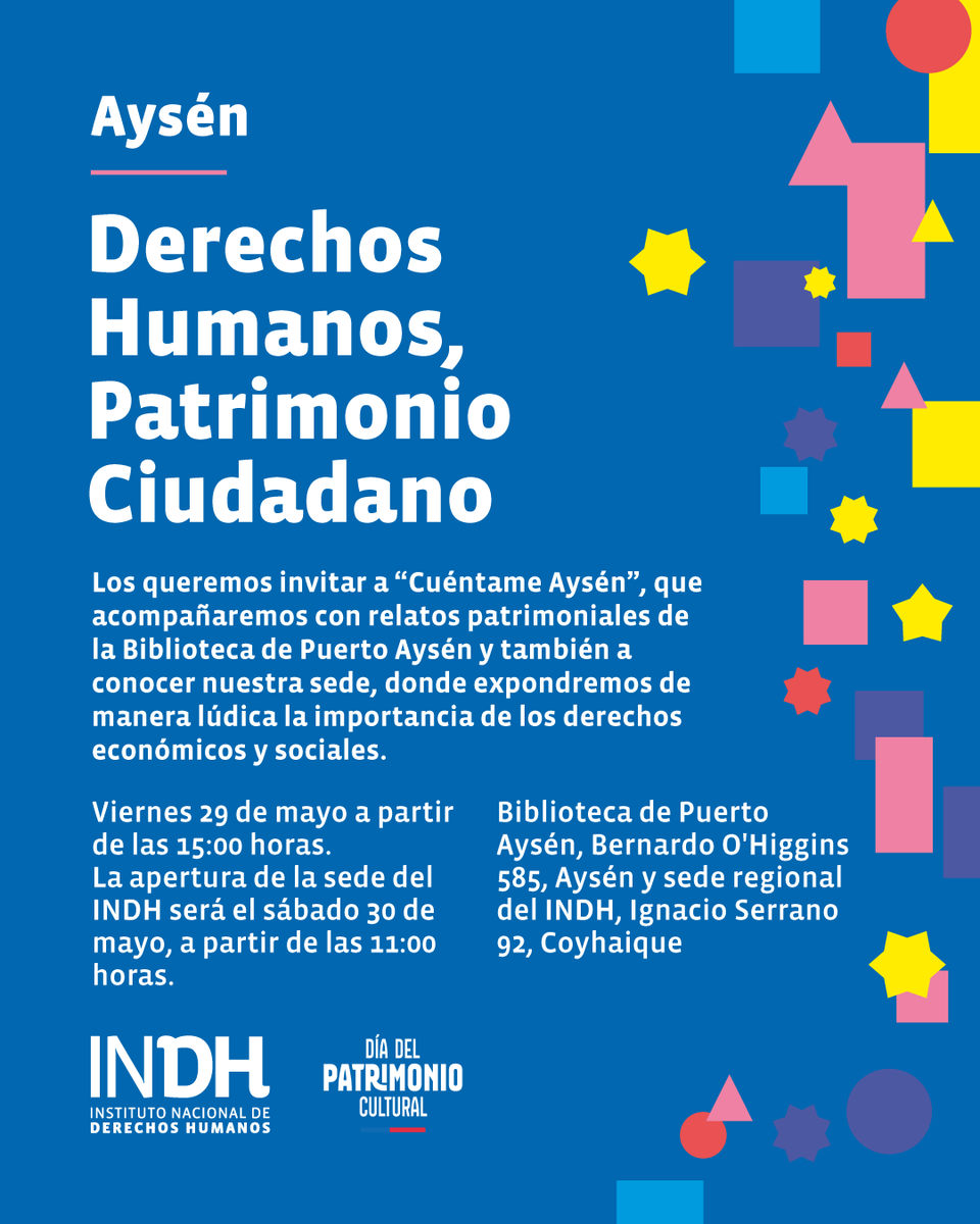 inddhh's tweet photo. En el sur:
📍En La Araucanía habrá dos actividades dirigidas a niños, niñas y adolescentes: “Dibuja a tu defensora de derechos” y la obra de teatro “Respétame tal cual soy”.
📍 En Los Ríos se hará la actividad “Leamos nuestro patrimonio”, con entrega gratuita del libro “Relatos que fluyen”.
📍 En Aysén habrá actividades se desarrollará “Cuéntame Aysén”, en la Biblioteca Pública de Puerto Aysén. Y en Coyhaique la sede regional abrirá sus puertas para exponer cómo los derechos humanos mejoran la vida en el territorio.