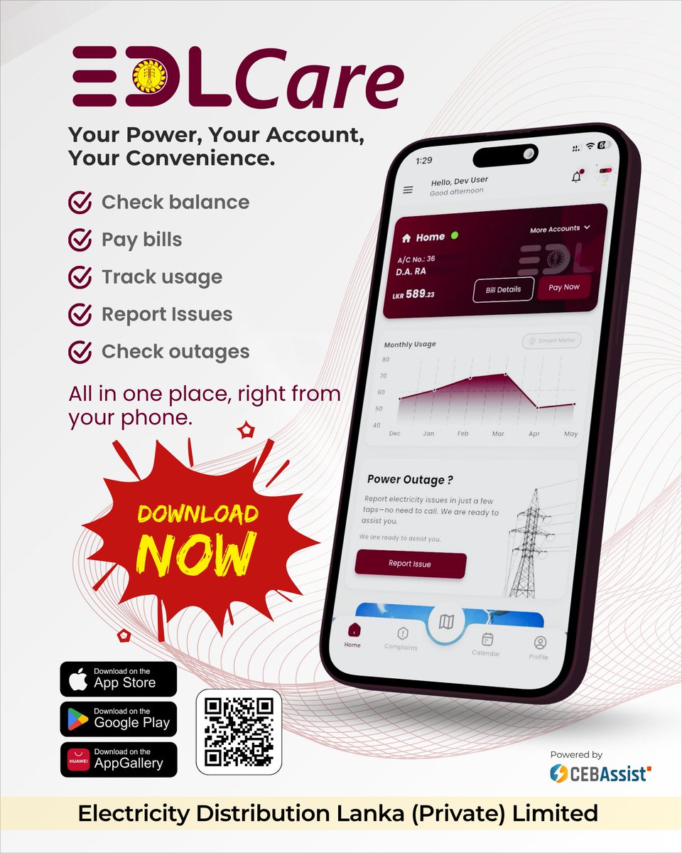 edl_lk's tweet photo. Introducing EDLCare - the official app of @edl_lk 
Everything about your electricity account - all in one place, right from your phone.

📷 Download now: https://t.co/kpZdAYdNvX
Available on App Store, Google Play &amp; Huawei AppGallery. https://t.co/0ABlzMCkNf