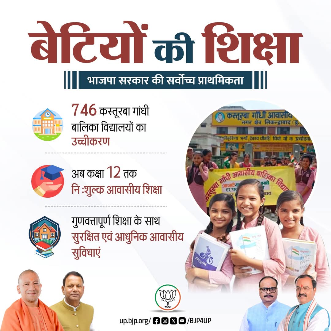 akshitagarwalup's tweet photo. भाजपा की डबल इंजन सरकार में स्मार्ट क्लास, आधुनिक तकनीक और गुणवत्तापूर्ण शिक्षा के माध्यम से हर बच्चे को बेहतर भविष्य देने का संकल्प लगातार मजबूत हो रहा है।

746 कस्तूरबा गांधी बालिका विद्यालयों का उच्चीकरण 

#BJP4ViksitBharat #नवनिर्माण_के_नौ_वर्ष #BJP4UP @BJP4India @BJP4UP https://t.co/RYFn6NI3fA