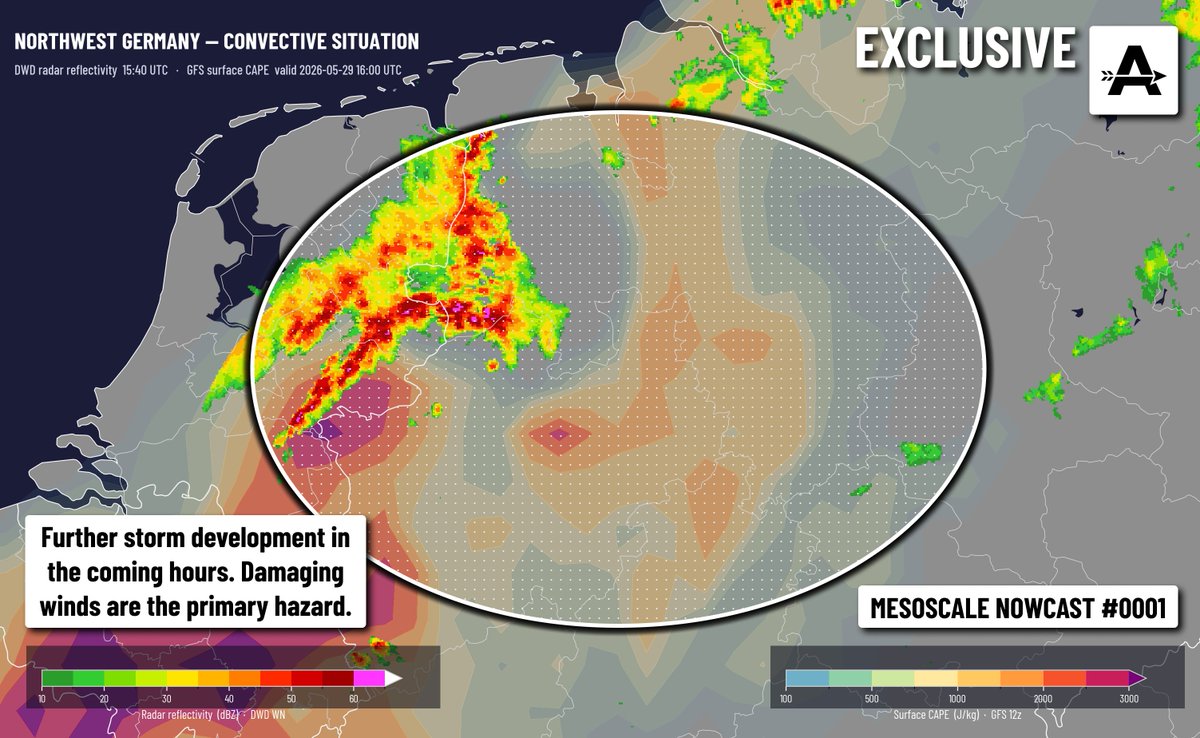 WeatherActionEU's tweet photo. ⚡LATEST: A complex of intense storms that just moved through the Netherlands will continue to move across Germany, bringing the risk of damaging winds (90-120km/h) and large hail. Further storm development is also expected. #wxtwitter #severewx #EUwx https://t.co/UEemHH0VnV