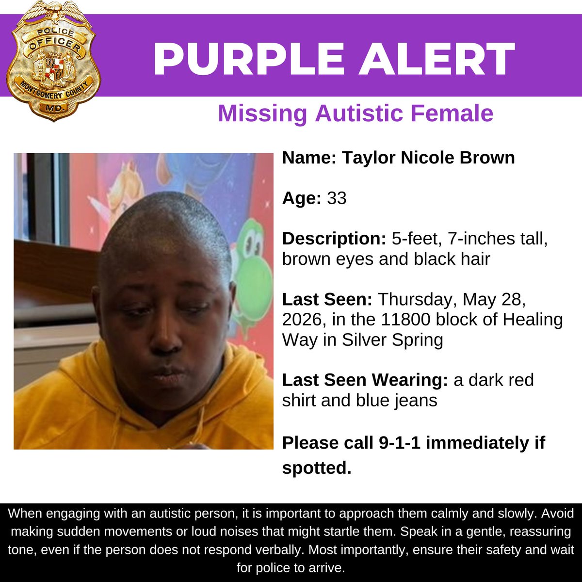 mcpnews's tweet photo. Detectives from the Montgomery County Department of Police - 3rd District Investigative Section are asking for the public's assistance in locating Taylor Nicole Brown, a missing 33-year-old female from Silver Spring. 

https://t.co/eA2aT4DItU

#MCPNews #MCPD https://t.co/a5d2bWzUmF