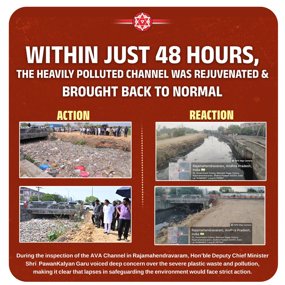 JanaSenaParty's tweet photo. In Just 48 hours polluted channel was rejuvenated &amp; brought back to normal! 

#PawanKalyanAneNenu https://t.co/pJIqbgkn0r