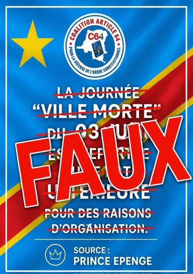 prince_epenge's tweet photo. Ville morte confirmée le mercredi 3 juin 2026.  Tous restons à la maison. KOBIMA TE.   Le communiqué ci-dessous est un faux venant de l’UDPS. https://t.co/ImQ2kwKZro