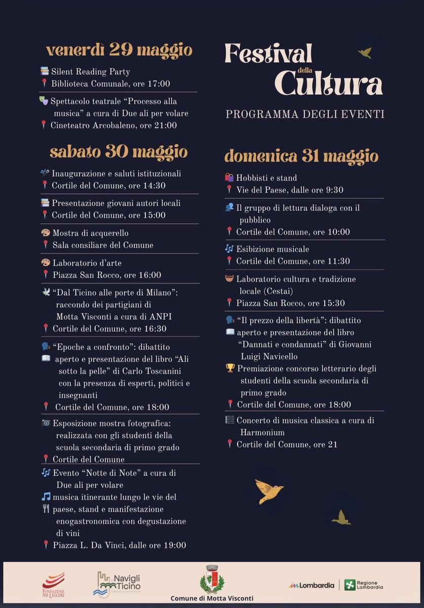 ivandonati's tweet photo. #MOTTAVISCONTI, IL FESTIVAL DELLA CULTURA il 29, 30, 31 maggio: arte, incontri, musica e letteratura per una condivisione fra cultura e territorio. Non mancheranno mostre, spettacoli, laboratori e momenti gustosi. Grande finale con la “#NottediNote” per le vie del borgo https://t.co/alpUSDiYjJ