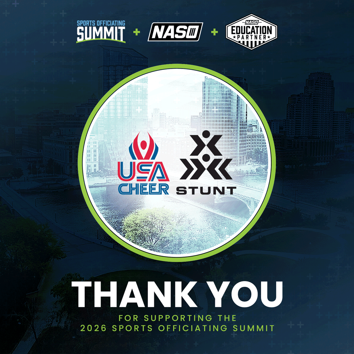 NASOofficiating's tweet photo. USA Cheer and STUNT support the future of sports officiating. Will you be a part of it at the 2026 national Sports Officiating Summit in beautiful Grand Rapids, Mich., this summer? Register today! https://t.co/UL1Xpli1BV https://t.co/I0PtqS2vGe