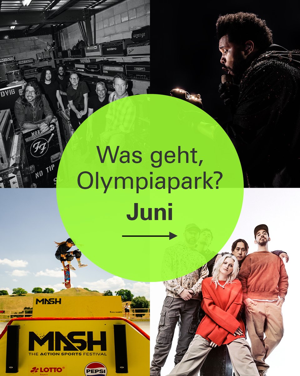 OLYMPIAPARK's tweet photo. Der Sommer wird heiß - und der Juni im #Olympiapark noch viel heißer! 🔥 #wasgehtolympiapark  

Dieses Jahr starten wir die Open-Air-Saison in der #AllianzArena - und zwar mit einem absoluten Kracher, denn #LinkinPark machen den Anfang!  🚀 Und auch danach reißt das #Programm mit hochkarätigen Acts und jeder Menge Action nicht ab. 👉   

+ AOK Sup´n Roll Tour: 06.06. – 07.06., 11:00 Uhr 
+ Auf dem Weg zum Welterbe: 07.06., 10:00 Uhr 
+ Linkin Park: 11.06. – 12.06., 18:00 Uhr  
+ GONG 96.3 - Das größte Picknick der Stadt: 14.06., 11:00 Uhr 
+ 6K United!: 16.06. – 18.06., 19:00 Uhr 
+ Foo Fighters: 17.06., 17:30 Uhr 
+ Jimmy Carr: 19.06., 19:00 Uhr 
+ Zucchero: 21.06., 20:00 Uhr 
+ The Weeknd: 25.06. – 27.06., 18:30 Uhr 
+ MASH: 26.06. – 28.06.  

👉🏼 Alle Infos zu unseren Veranstaltungen unter: https://t.co/qYFtJqFd9n  

📸 Elizabeth Miranda, Sebastien Nagy, Fabi Stoffers