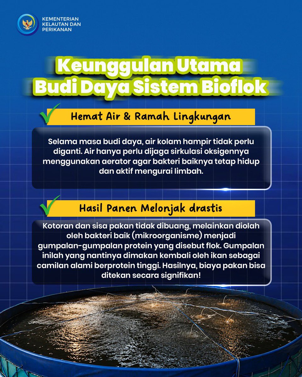 kkpgoid's tweet photo. Sahabat Bahari, buat kamu yg mau budi daya ikan tp terkendala lahan, air ataupun pakan, jgn khawatir, itu semua No Big Deal! 

Kenalin nih, Sistem Bioflok! Teknologi budi daya modern yang konsepnya mirip frugal living tapi versi ikan. Hemat air, hemat pakan, tp panennya maksimal. https://t.co/0ewSHx1AhU
