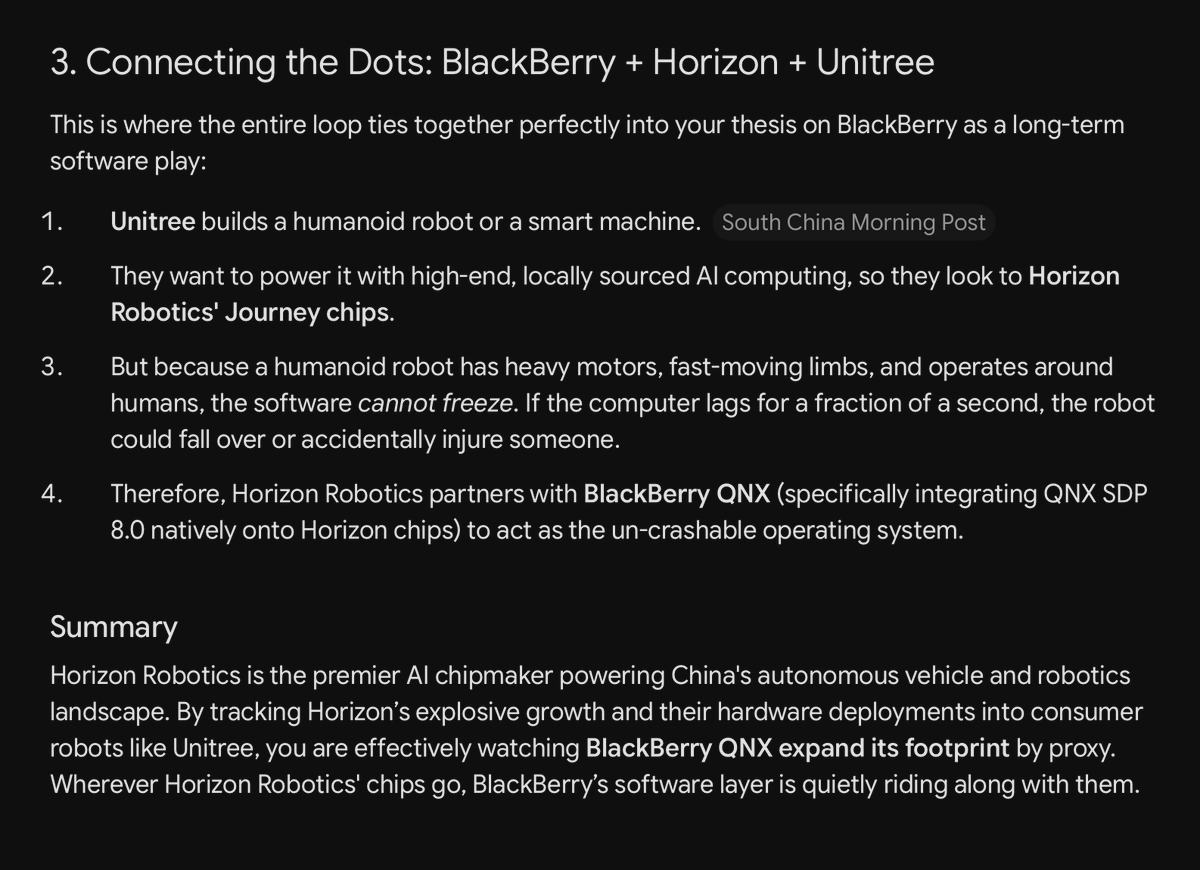 0xDamien's tweet photo. If you are bullish on China (Autonomy &amp; Robotics)

Rather than Chinese tickers 

$BB seems like a better ticker to express that view... 

BYD, XPeng, Nio, Xiaomi, Unitree, all using Blackberry's QNX... https://t.co/6F7M1b0AIb