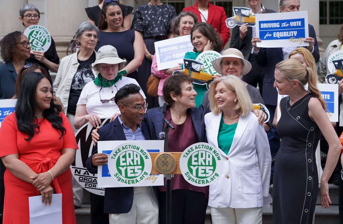vmmaloney's tweet photo. The fight for the Equal Rights Amendment continues. Proud to stand on the steps of @NYCCouncil with  @CarolynBMaloney, @Sign4ERA, elected officials, advocates (@ERACoalition, @nationalnow, @WCreatingChange, @NewMajorityNYC, and New Yorkers from across the City as we welcomed the historic Golden Flyer II on the final stop of the nationwide https://t.co/5OLGAbQyWk.  

At a moment when fundamental rights and protections are under attack across the country, we cannot afford to treat equality as guaranteed. Congress must recognize the ERA as the 28th Amendment to the United States Constitution.