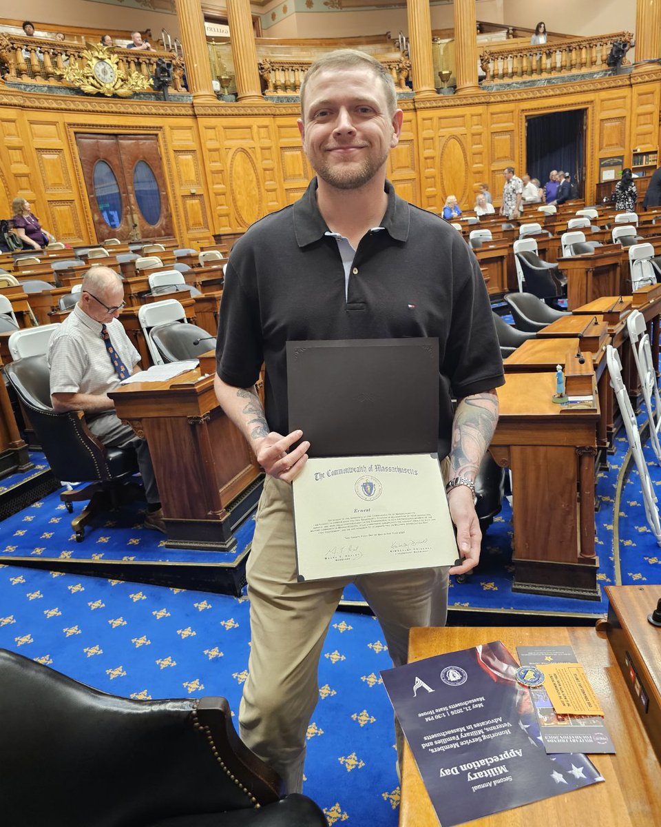 VOAMASS's tweet photo. Meet Ernest, Marine Corps veteran. Nominated by Rep. Barber, Ernest attended the Military Appreciation Day event hosted by the @MassEOVS  &amp; the MA Legislature. Ernest is a resident at VOAMASS, working hard to rebuild his life. And his smile is worth a million moments of joy. https://t.co/wMVyKwxwfD