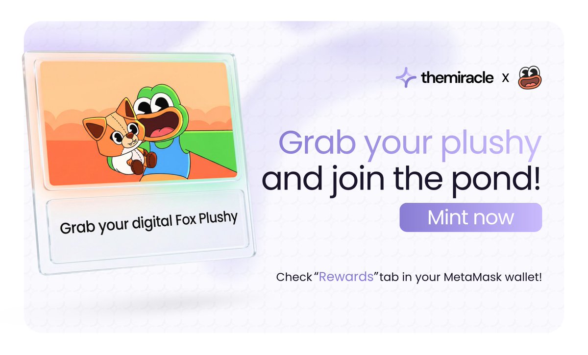 themiracle_io's tweet photo. Collectibles can become your entry point into the brand’s world✨

We partnered with @frankythefrog to help introduce more @MetaMask users to the Franky universe through a free Fox Plushy collectible delivered directly to their wallet.

Claim a free limited-edition Fox Plushy collectible and welcome to the Pond🐸