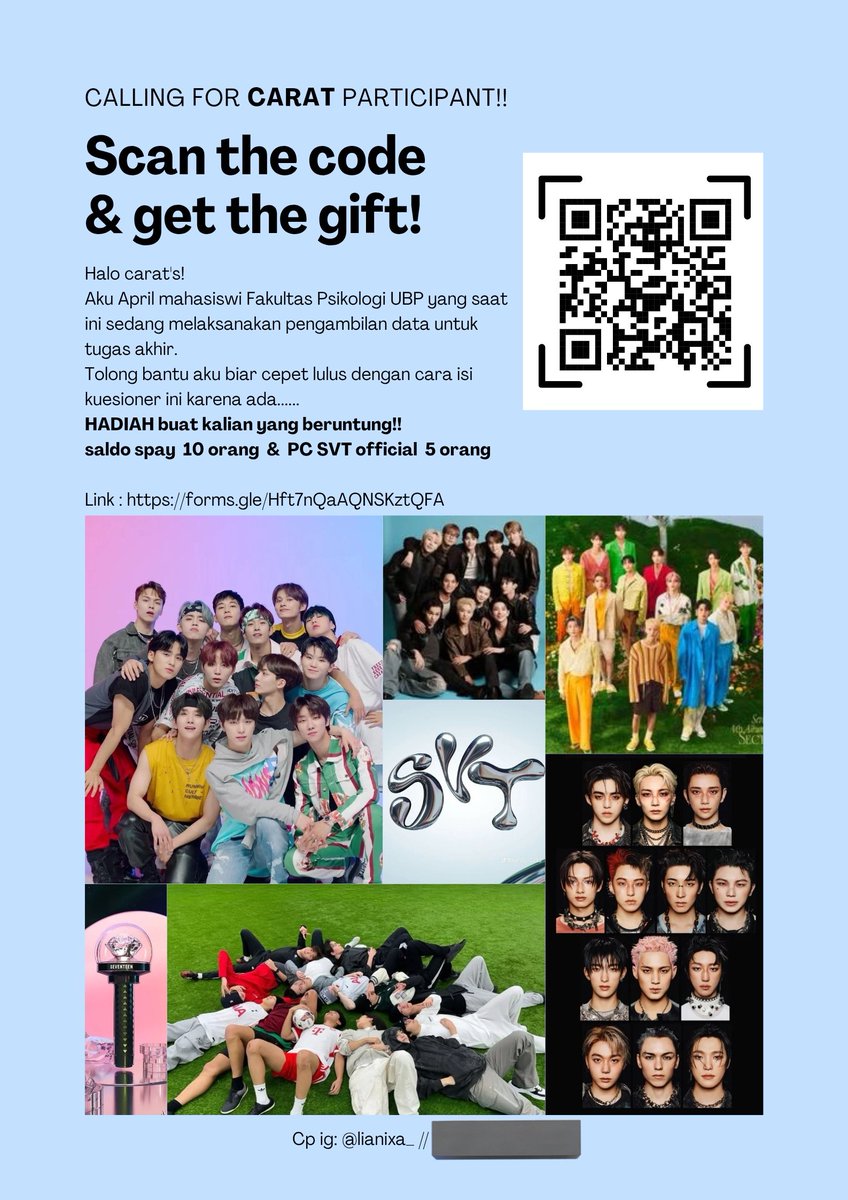 jangnan_gate's tweet photo. Halo Carat~💎

Tolong bantu isi kuesioner penelitianku dong 🫶🏻

Karena bakal ada gift buat kamu yang beruntung 👀✨
🎁 Saldo SPay untuk 10 orang
🎁 PC SVT official untuk 5 orang

Makasihhh &amp; ayo join buat dapetin hadiahnya!😆
Horanghae~ 🐯💎
#seventeen #carat #kuisioner #zonauang https://t.co/IVQhirRAn3