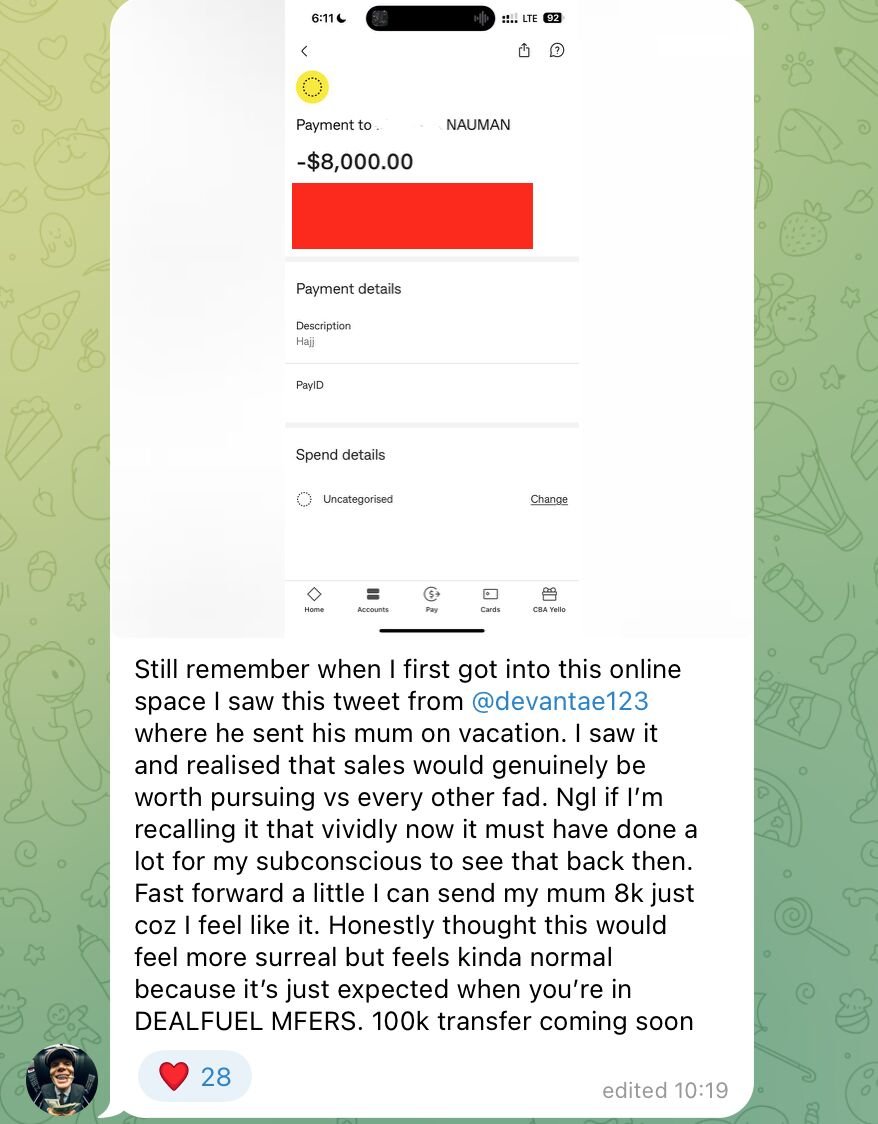 fielddan_'s tweet photo. A rep posted this screenshot in the wins channel back in October where he sent his Mum $8,000.

The reason they got into sales stuck with me:

They wrote that years ago, the trigger was a tweet from @devantae_masaun

Dev had posted about sending his mum on vacation off a sales pay check. The rep saw it, and that one post was enough to make them get into sales.

Fast forward to October and they're able to do the same.

I've been at DealFuel long enough to watch this loop play out a lot of times. Someone sees a result, projects themselves into it, and a few years later they're the result someone else projects into.

The reps who keep posting wins do it for a reason. The next person reading them is the reason.
