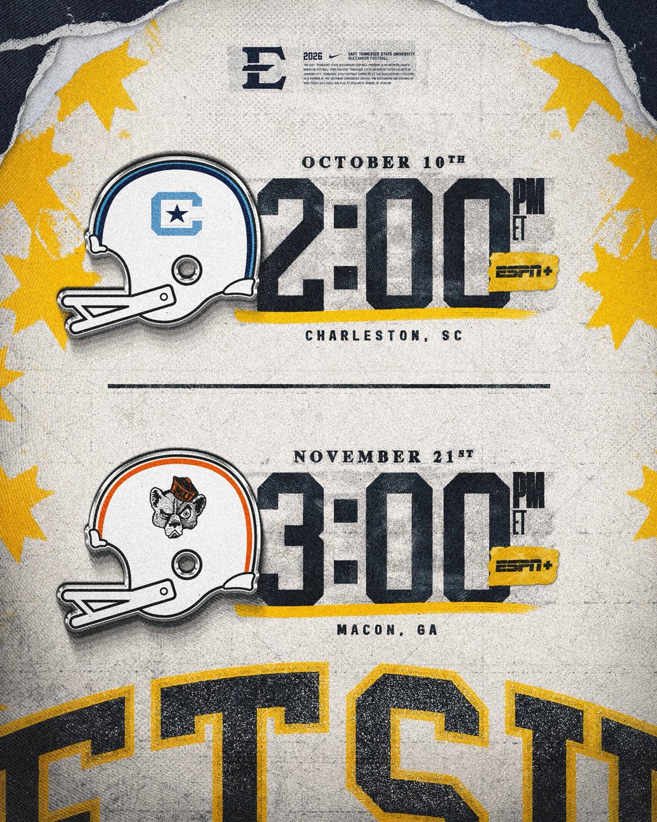 ETSUFootball's tweet photo. game times are set for The Citadel and Mercer

#GoBucs | #BUCkleUp https://t.co/LRYKpgOFb5