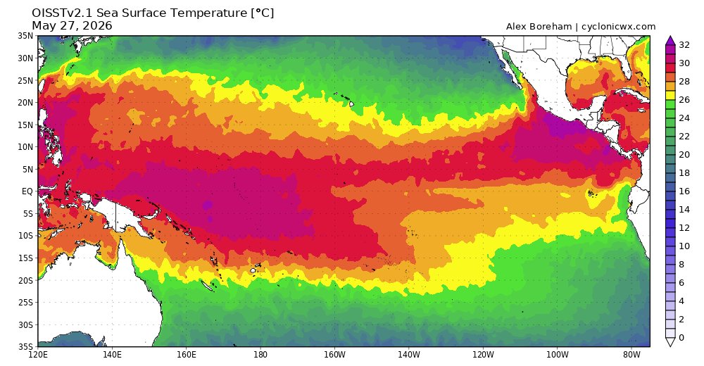 AndyHazelton's tweet photo. A massive westerly wind burst is currently commencing across the West/Central Pacific. As it moves East, this is likely going to kick El Niño into overdrive. All ENSO regions are already solidly above average, and this even will likely help push the warm pool (with record SSTs in many spots) further east into the East/Central Pacific.