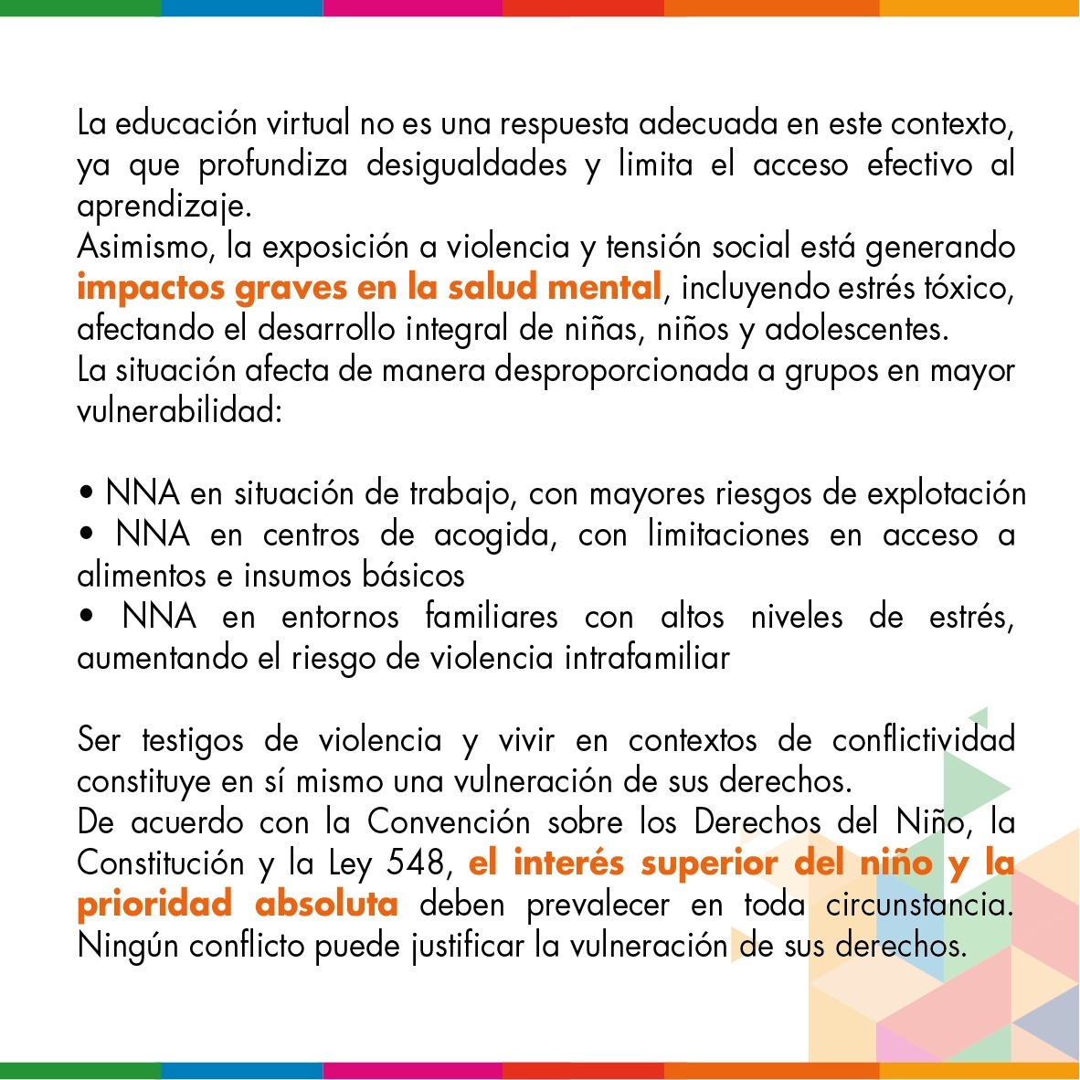 EducoBol's tweet photo. La niñez y adolescencia no puede esperar. En medio de la conflictividad social, niñas, niños y adolescentes están enfrentando graves vulneraciones a sus derechos.  La vida, dignidad y bienestar de la niñez deben ser prioridad absoluta.
#JoiningForces https://t.co/klh6C0h0gk